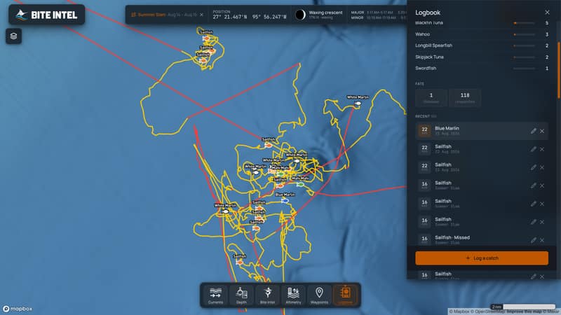 The Bite Intel viewer with the Logbook panel open on the right listing recent catches by species and date, a blue marlin chosen, and the replayed Summer Slam track with its catch pins on the map beside it.