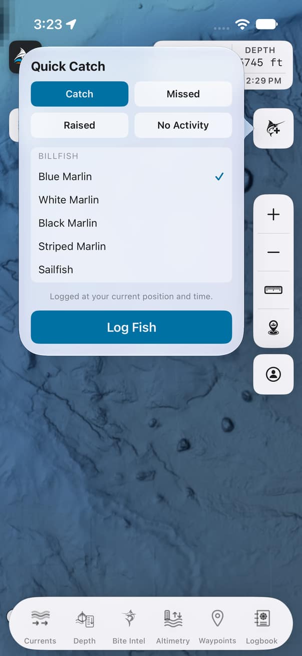 The Bite Intel app on an iPhone, offshore with a trip recording. The Quick Catch panel is open over the chart: four buttons across the top — Catch, Missed, Raised, No Activity — with Catch chosen, a list of billfish under them with Blue Marlin ticked, the line “Logged at your current position and time”, and a Log Fish button. The seafloor chart and the depth readout are behind it.